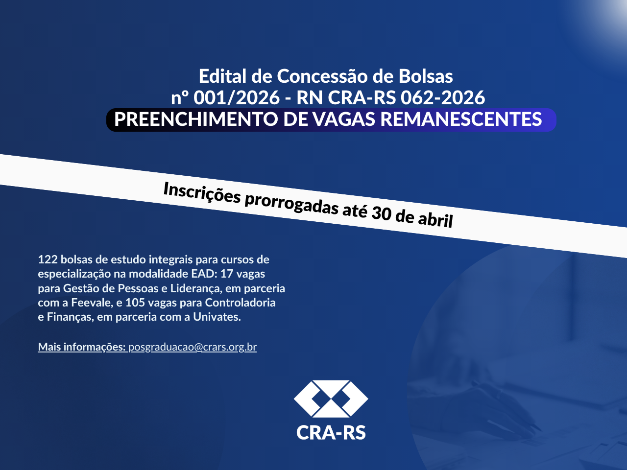 CRA-RS publica aditivo ao Edital de Concessão de Bolsas nº 001/2026